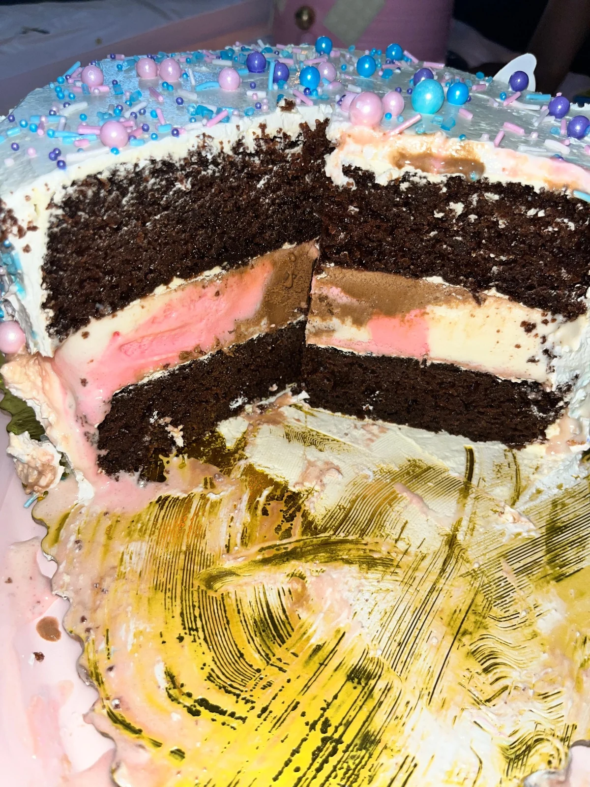 Chocolate cake with ice cream filling slice